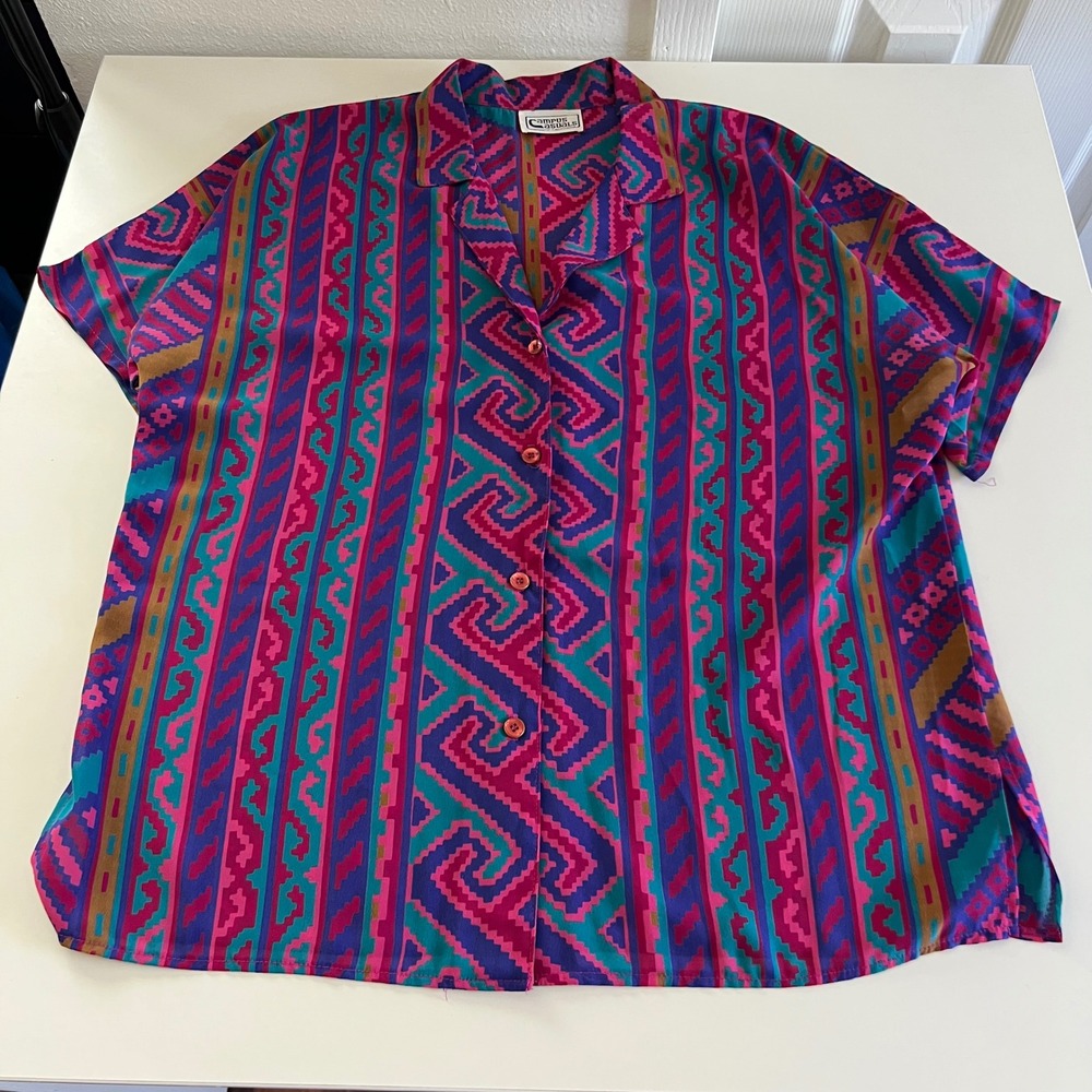Vintage Campus Casuals California Aztec Print Top Blouse Colorful‎ Retro